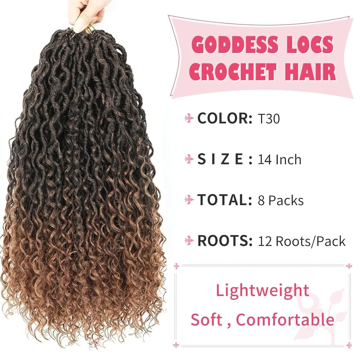 Alicoco Goddess Locs Crochet Hair 14 Inch 8 Packs Faux Locs Crochet Hair For Women Boho Soft Locs Pre-looped River Crochet Locs With Curly Ends (14 Inch (Pack of 8), 1B/30)
