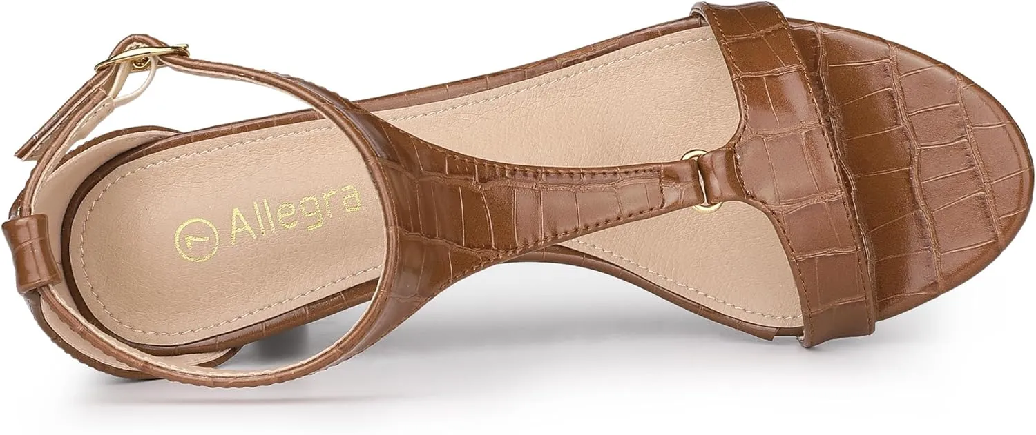 Allegra K Women's t Strap Embossed Kitten Heel Sandals
