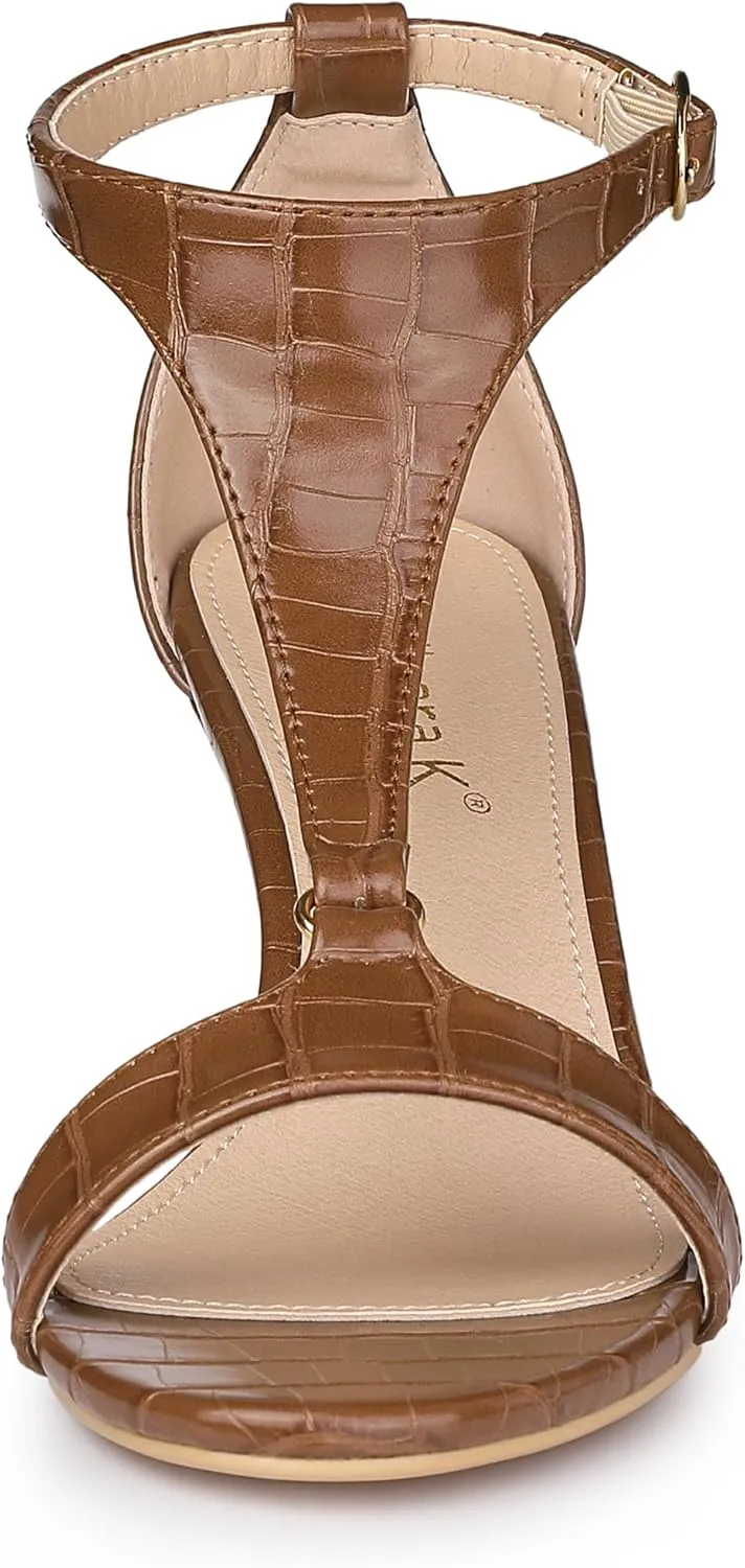 Allegra K Women's t Strap Embossed Kitten Heel Sandals