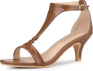 Allegra K Women's t Strap Embossed Kitten Heel Sandals