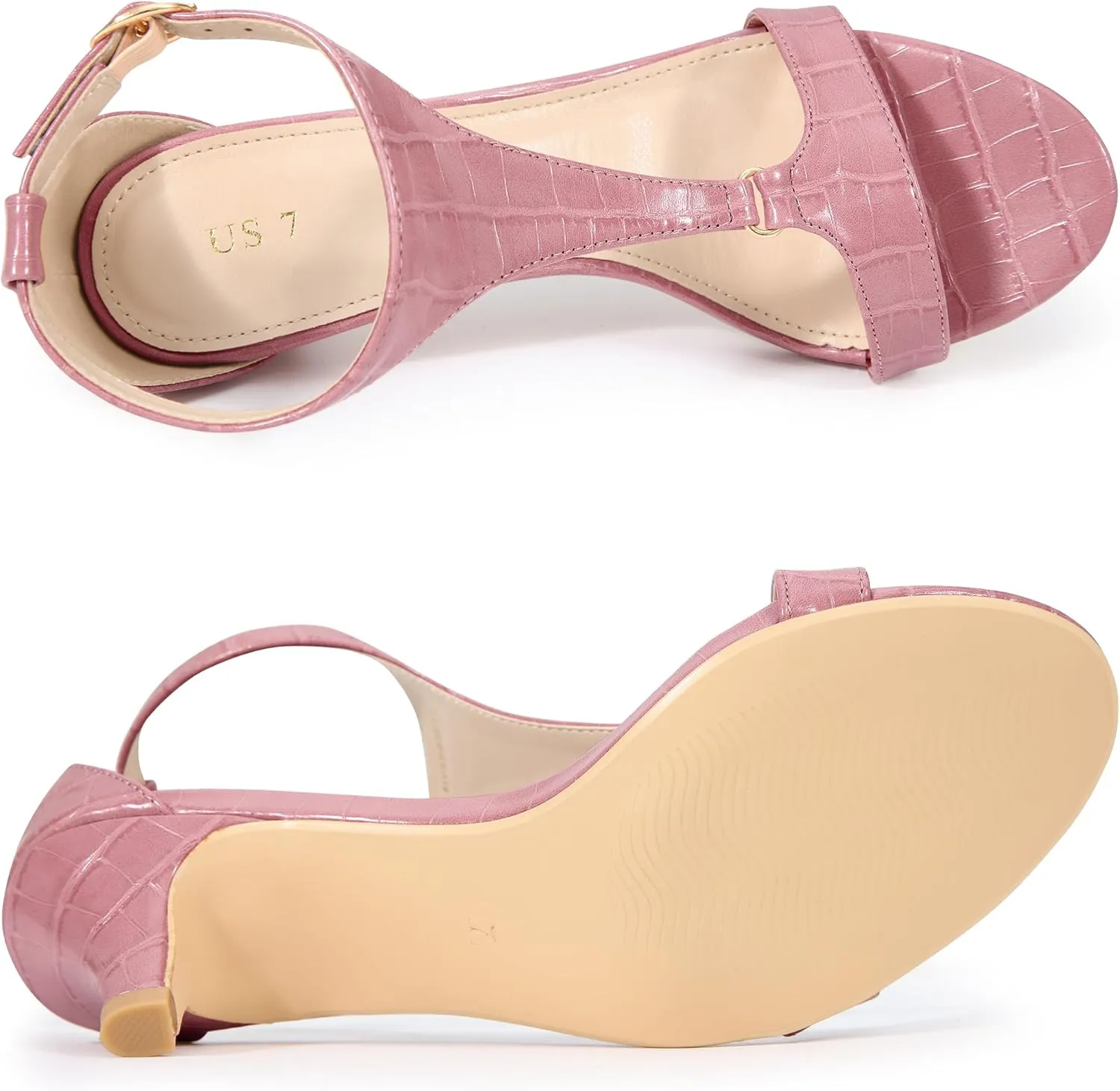 Allegra K Women's t Strap Embossed Kitten Heel Sandals