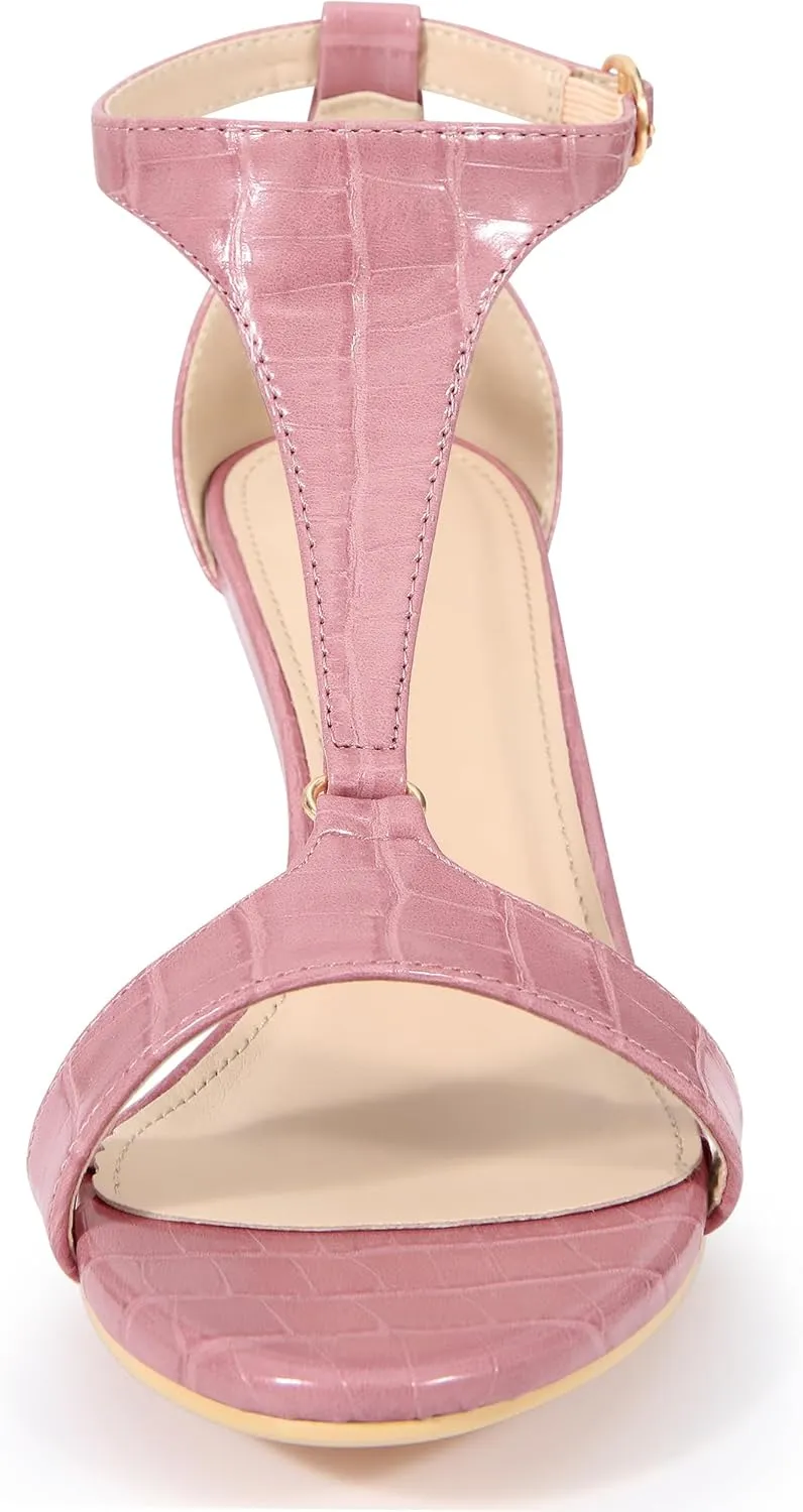 Allegra K Women's t Strap Embossed Kitten Heel Sandals