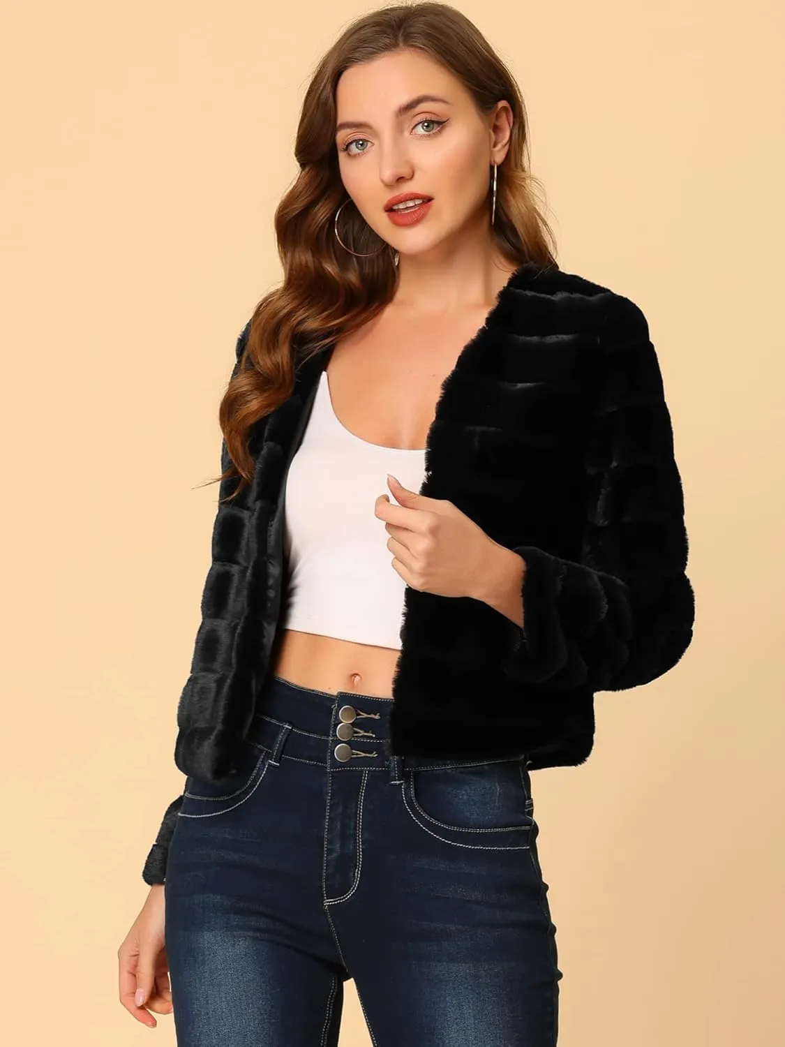 Allegra K Women's Winter Warm Cropped Jacket Collarless Faux Fur Fluffy Coat
