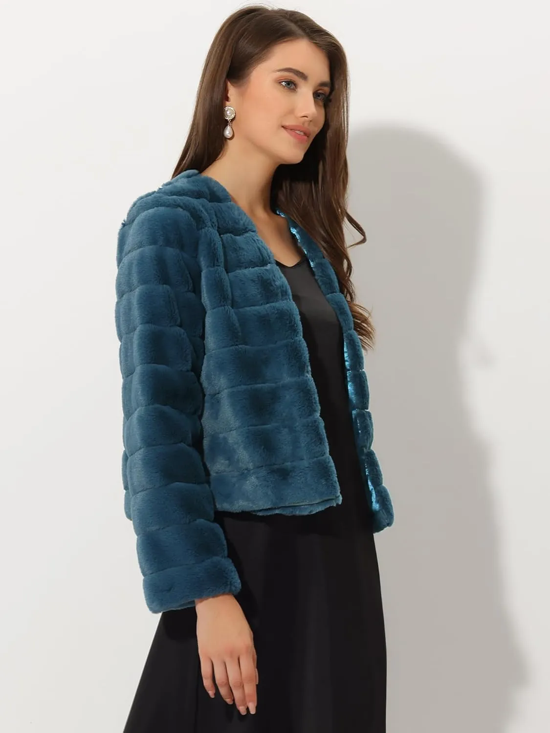 Allegra K Women's Winter Warm Cropped Jacket Collarless Faux Fur Fluffy Coat