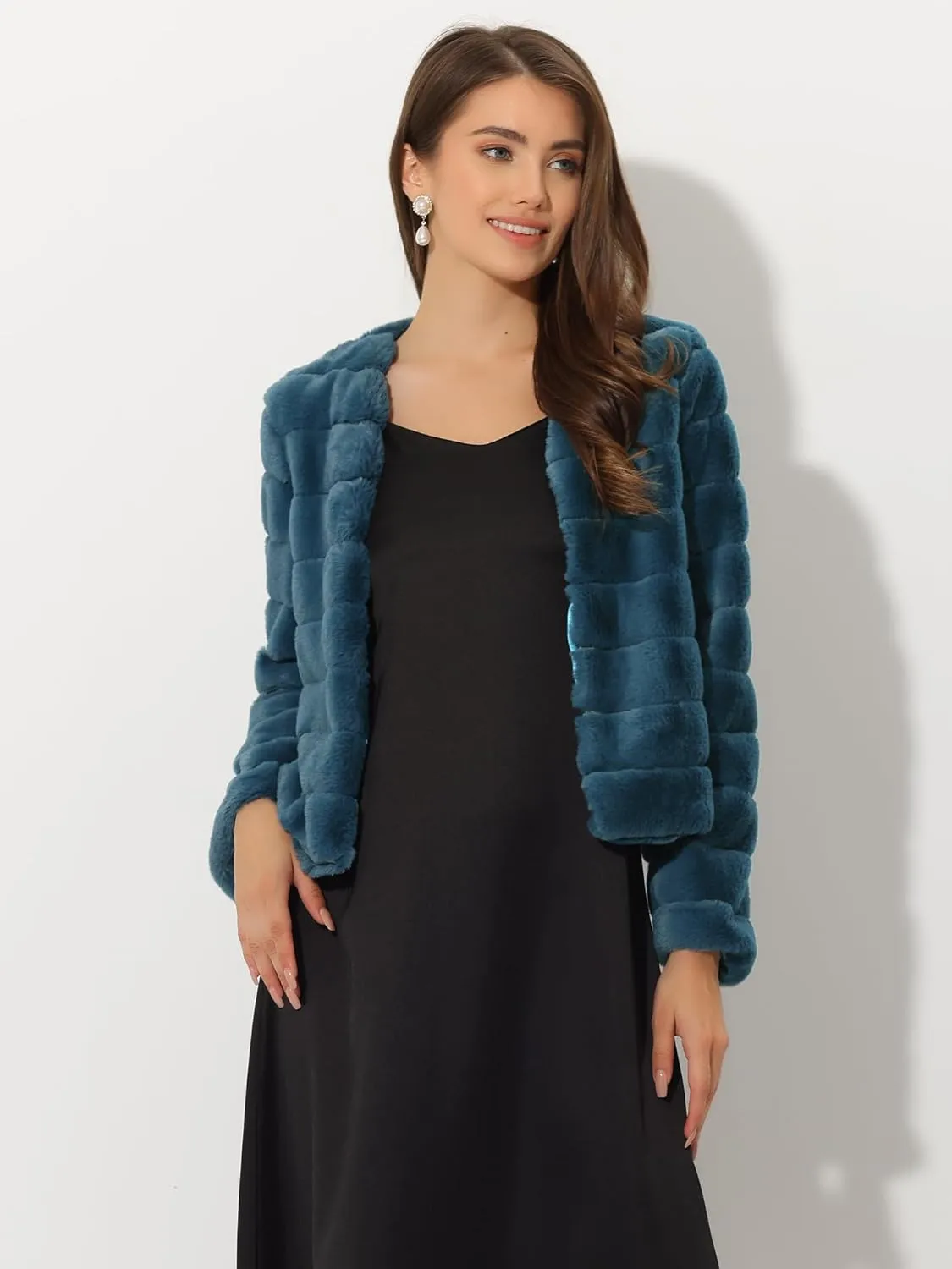 Allegra K Women's Winter Warm Cropped Jacket Collarless Faux Fur Fluffy Coat
