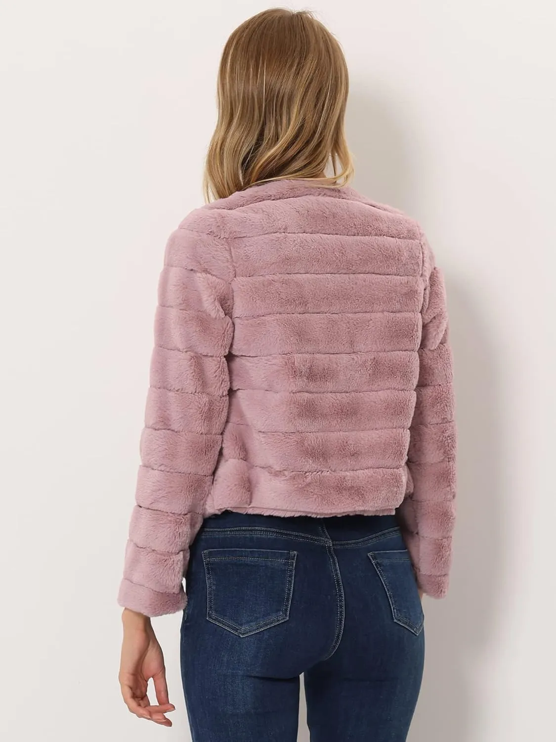 Allegra K Women's Winter Warm Cropped Jacket Collarless Faux Fur Fluffy Coat