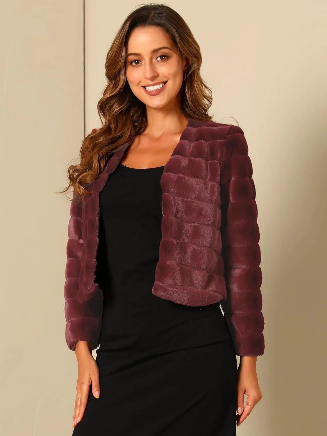 Allegra K Women's Winter Warm Cropped Jacket Collarless Faux Fur Fluffy Coat