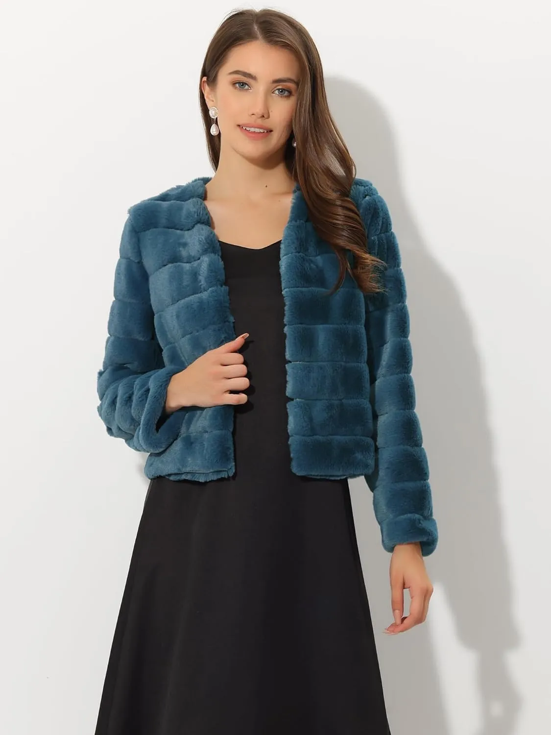 Allegra K Women's Winter Warm Cropped Jacket Collarless Faux Fur Fluffy Coat