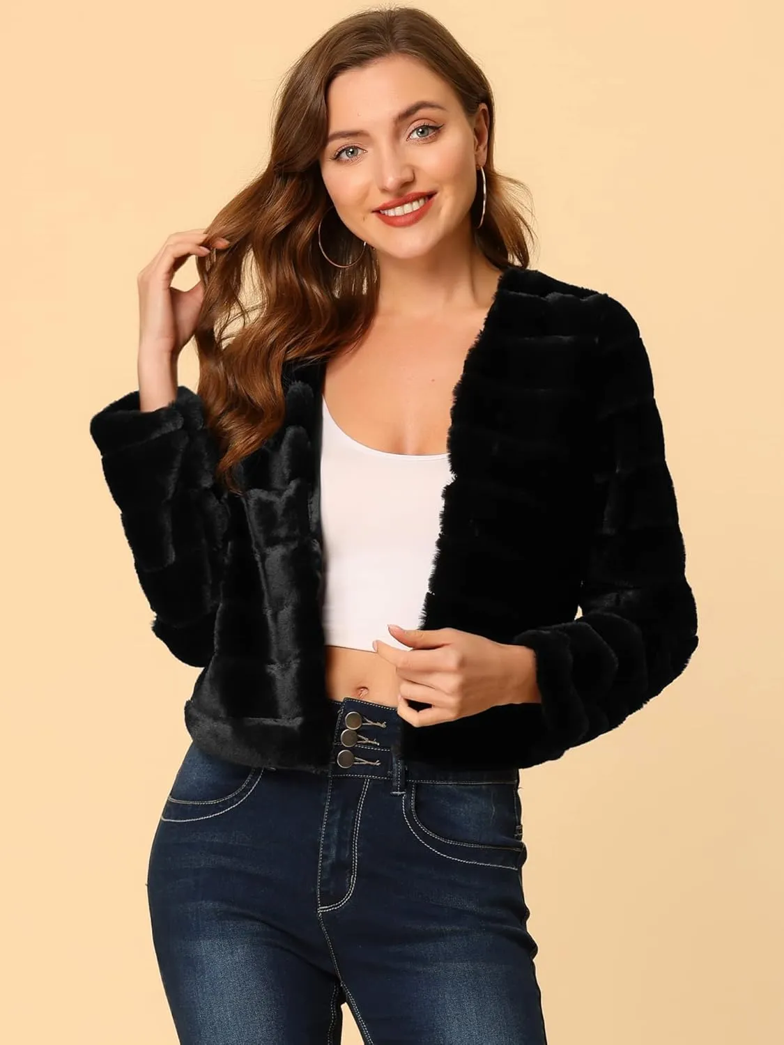 Allegra K Women's Winter Warm Cropped Jacket Collarless Faux Fur Fluffy Coat