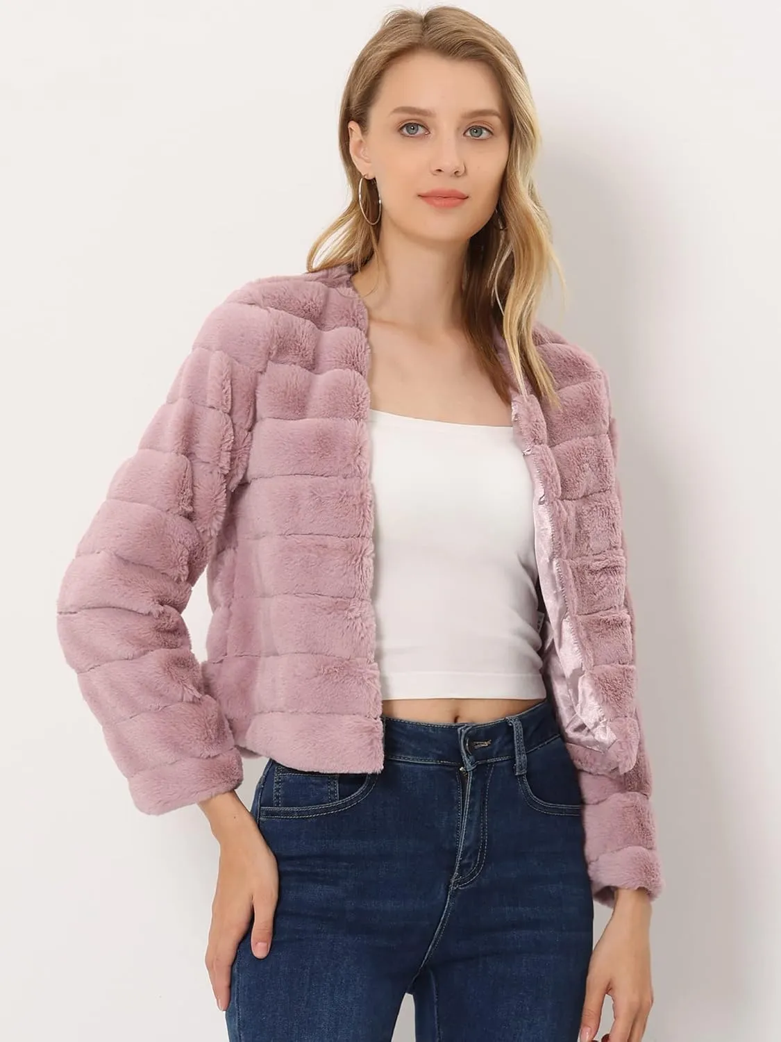 Allegra K Women's Winter Warm Cropped Jacket Collarless Faux Fur Fluffy Coat