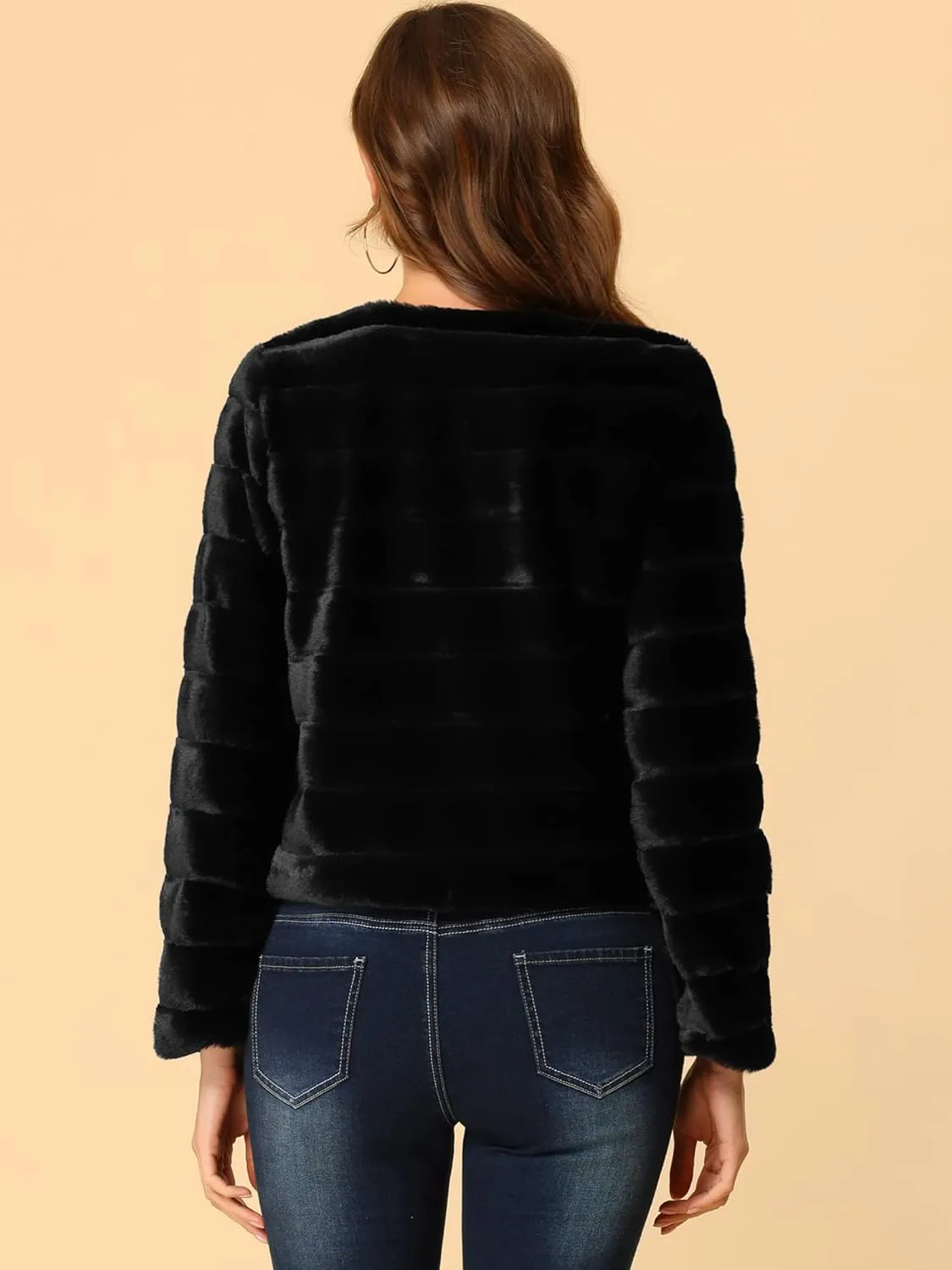 Allegra K Women's Winter Warm Cropped Jacket Collarless Faux Fur Fluffy Coat