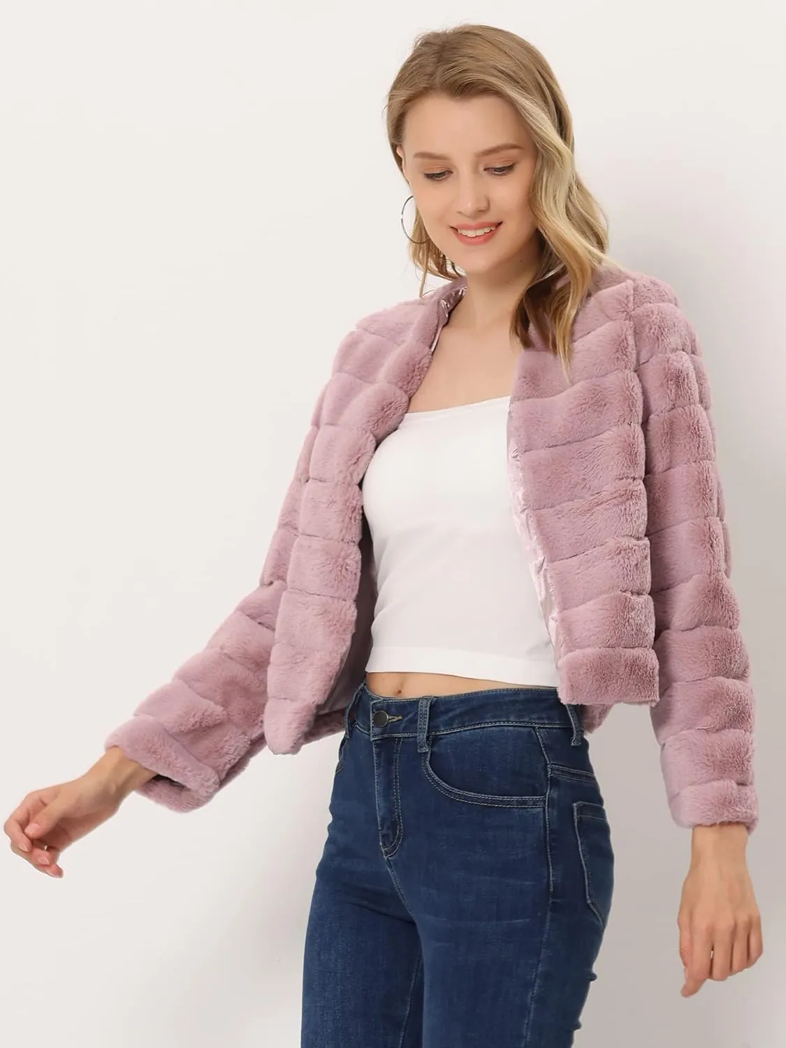 Allegra K Women's Winter Warm Cropped Jacket Collarless Faux Fur Fluffy Coat