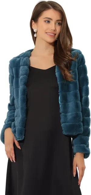 Allegra K Women's Winter Warm Cropped Jacket Collarless Faux Fur Fluffy Coat