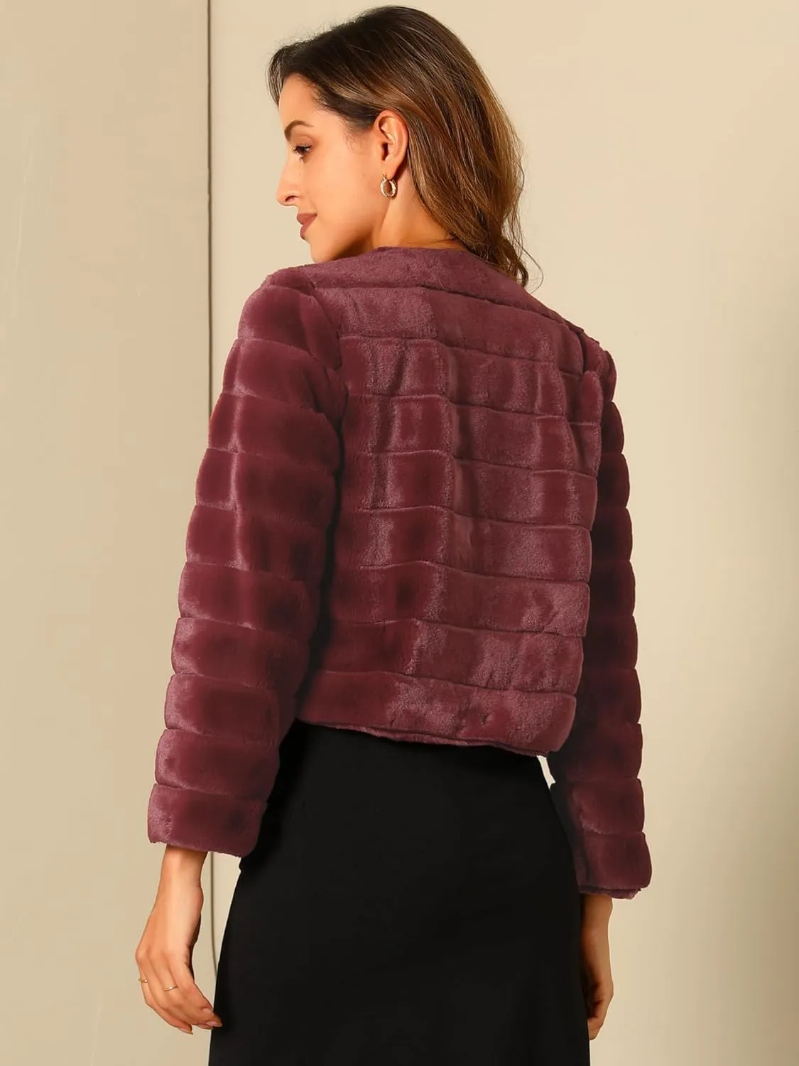 Allegra K Women's Winter Warm Cropped Jacket Collarless Faux Fur Fluffy Coat