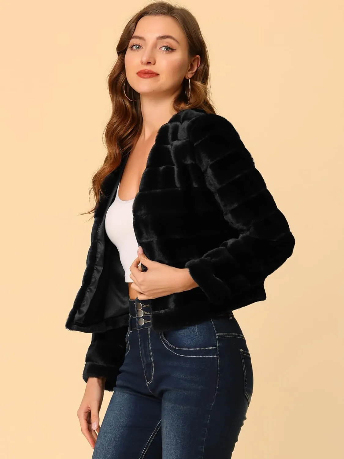 Allegra K Women's Winter Warm Cropped Jacket Collarless Faux Fur Fluffy Coat