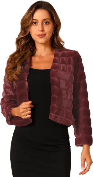 Allegra K Women's Winter Warm Cropped Jacket Collarless Faux Fur Fluffy Coat
