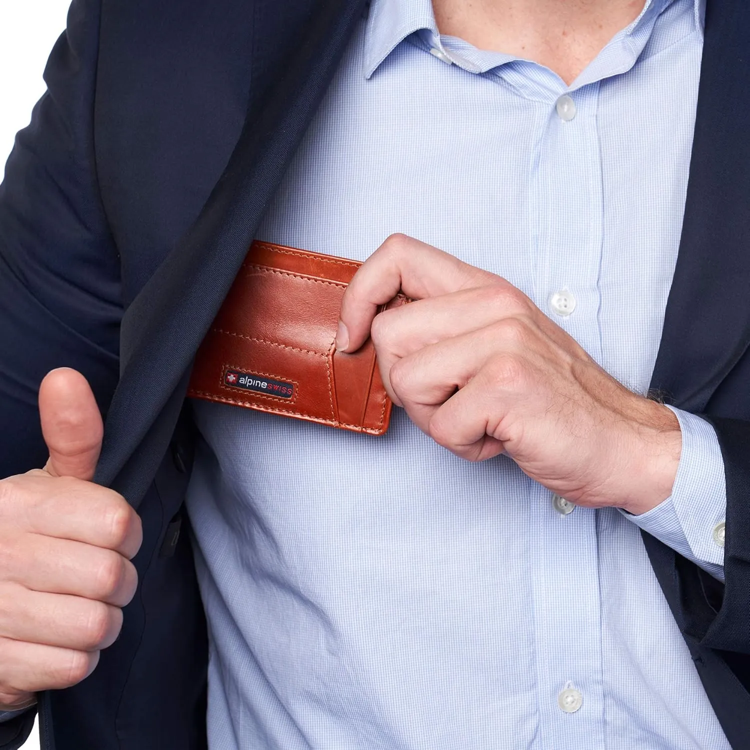 Alpine Swiss RFID Minimalist Oliver Front Pocket Wallet For Men Leather Hampton Collection Glossy Nappa Tan