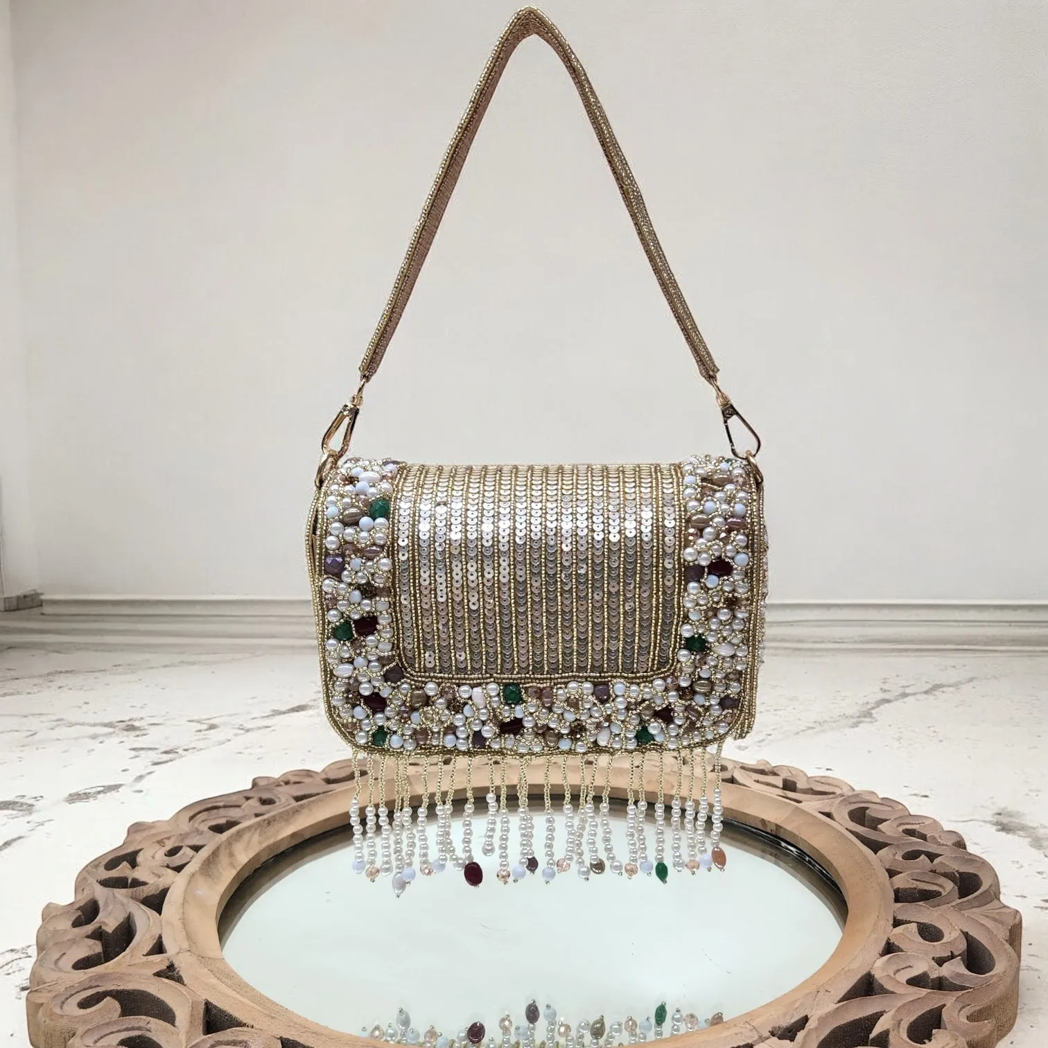 Amayra Sequined Gold Flapover Box Bag