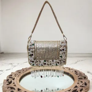 Amayra Sequined Gold Flapover Box Bag