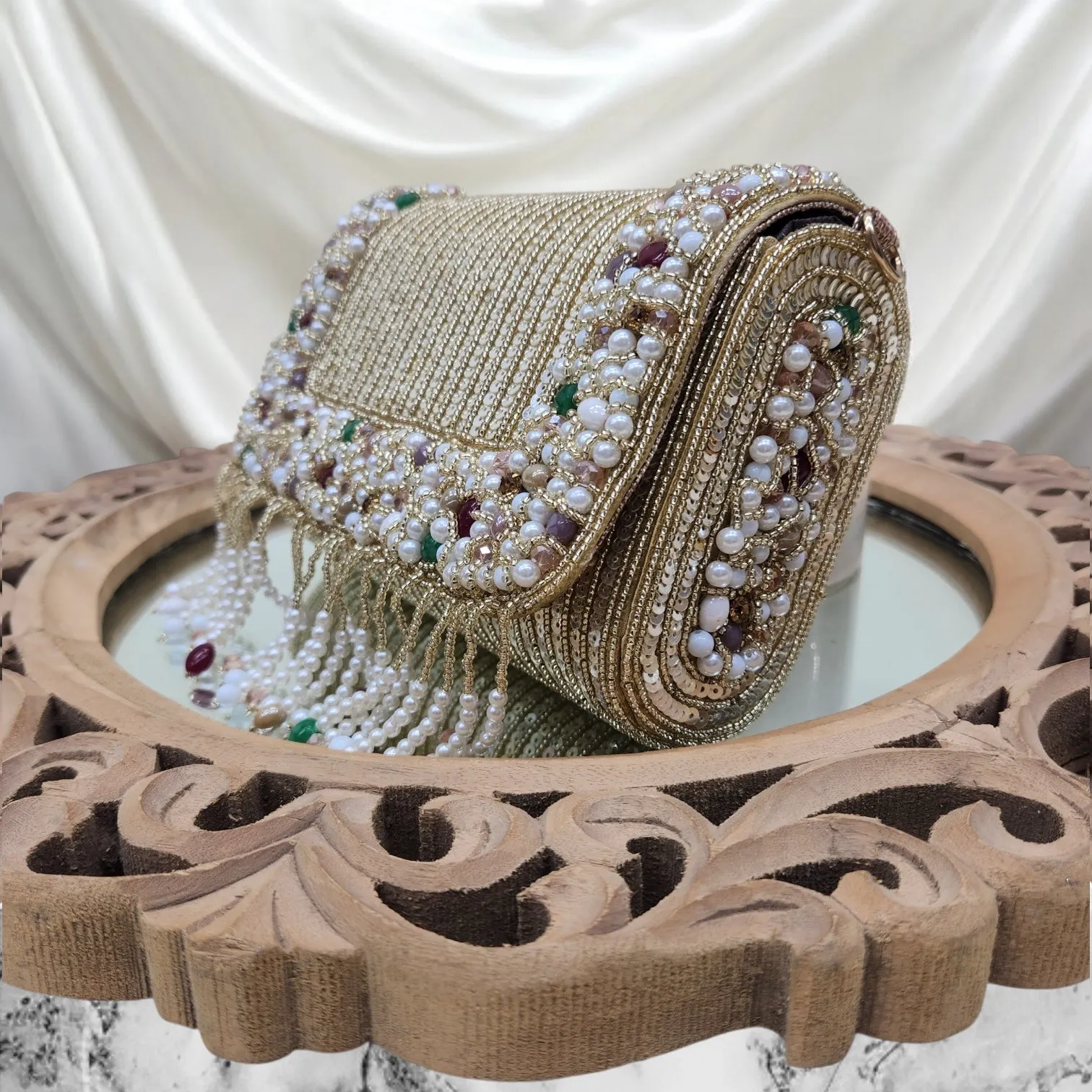 Amayra Sequined Gold Flapover Box Bag