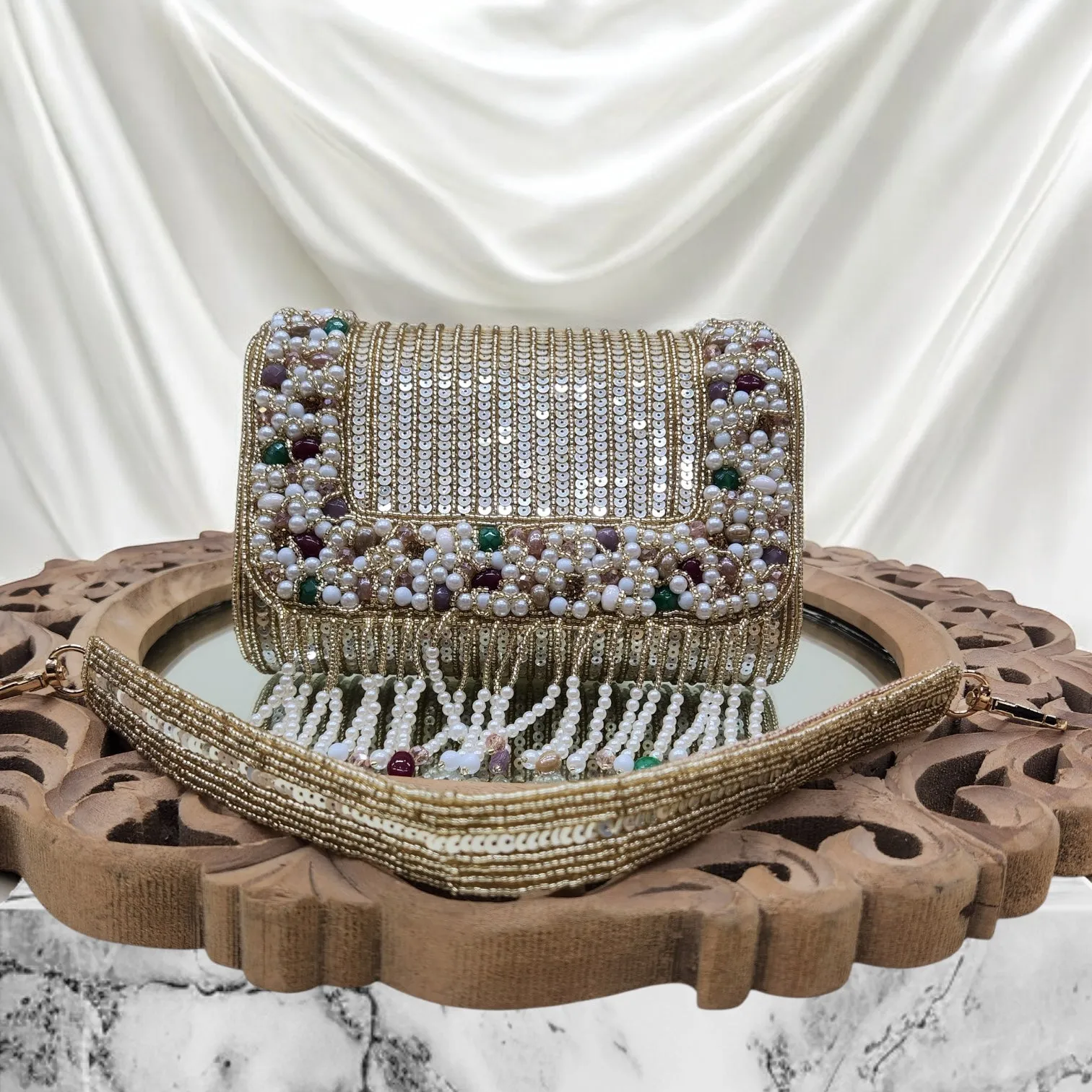 Amayra Sequined Gold Flapover Box Bag