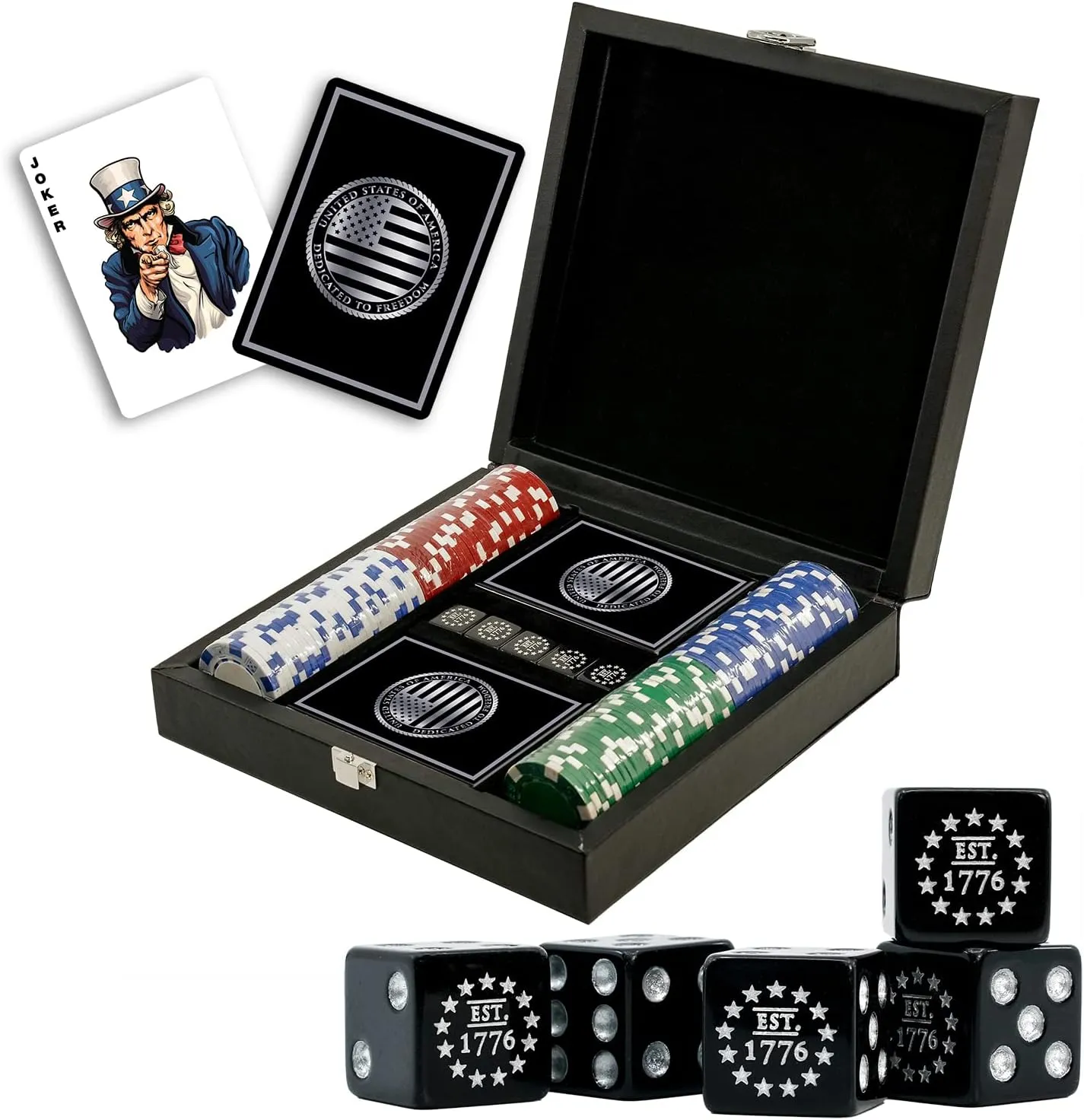 American Flag Casino Poker Chip Set – 100 Piece Poker Chips, Patriotic USA Playing Cards & Dice with Leather Case, Great Chips for Texas Holdem or Blackjack Custom Patriotic Poker Set - Gift