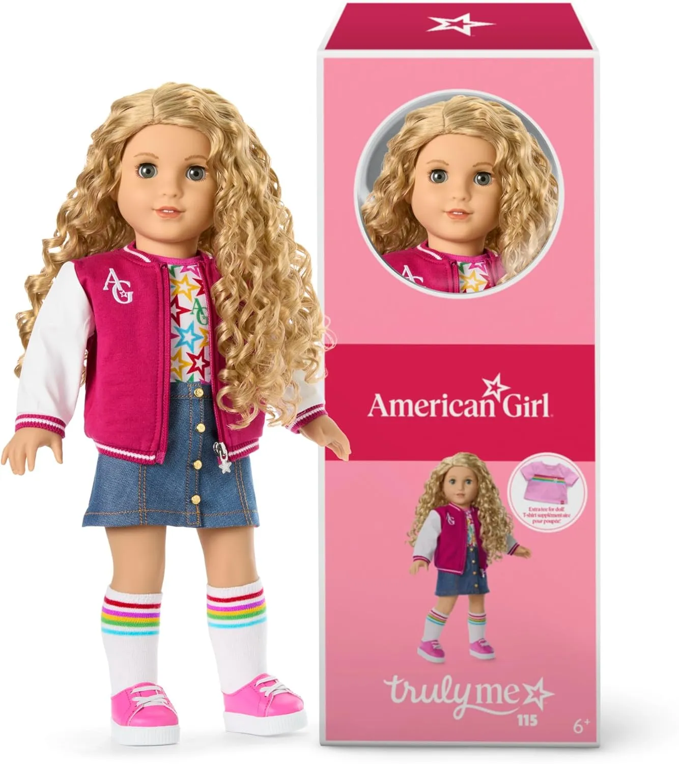 American Girl, Truly Me 18-inch Doll #115 with Gray Eyes, Curly Blonde Hair, Light Skin, Varsity Jacket, for Ages 6 