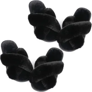 Ankis Women's Plush Slippers with Cross Band, Warm Slippers, 2 Pairs of Memory Foam and Open Toe, Fluffy Slippers for Indoor and Outdoor Use (White, Black, Grey, Pink, Camel)