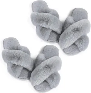 Ankis Women's Plush Slippers with Cross Band, Warm Slippers, 2 Pairs of Memory Foam and Open Toe, Fluffy Slippers for Indoor and Outdoor Use (White, Black, Grey, Pink, Camel)