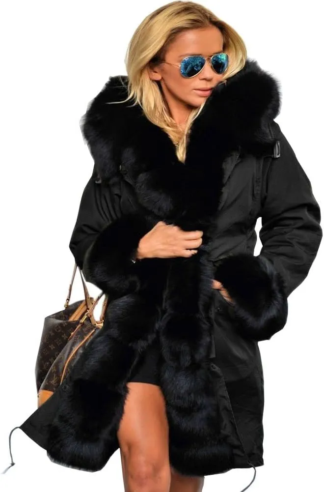 Aofur Womens Hooded Faux Fur Lined Warm Coats Parkas Anoraks Outwear Winter Long Jackets