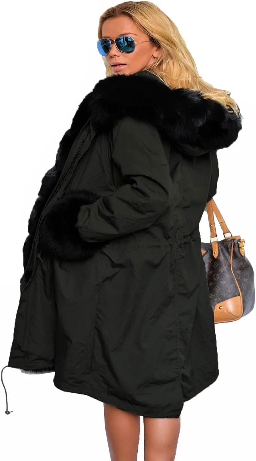 Aofur Womens Hooded Faux Fur Lined Warm Coats Parkas Anoraks Outwear Winter Long Jackets