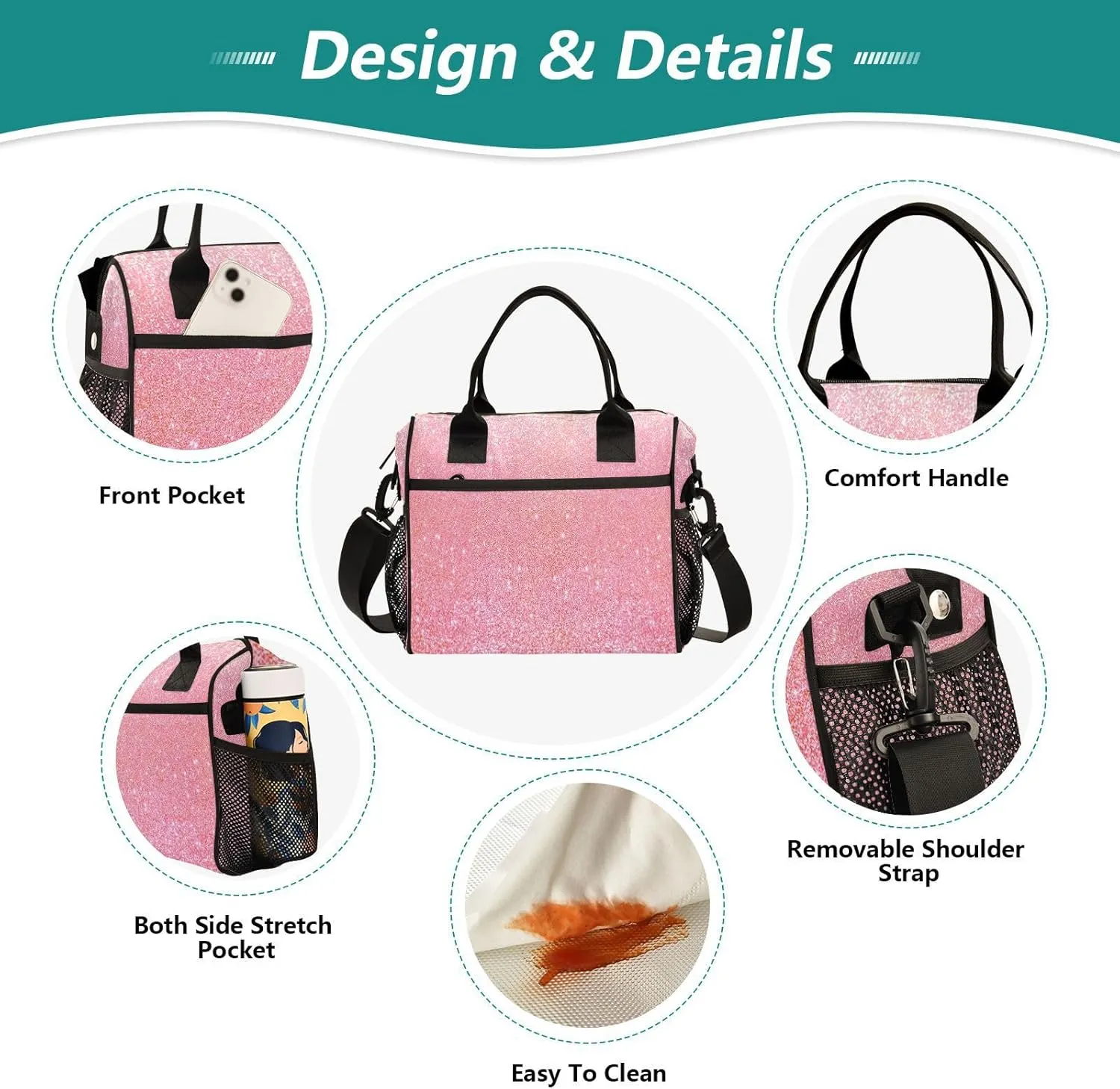Aslsiy Lunch Bag for Women Sparkly Pink Glitter Texture Insulated Lunch Box Kids Tote Bag for Girls Boys M
