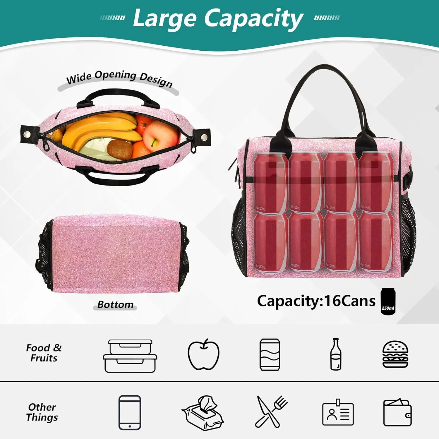Aslsiy Lunch Bag for Women Sparkly Pink Glitter Texture Insulated Lunch Box Kids Tote Bag for Girls Boys M