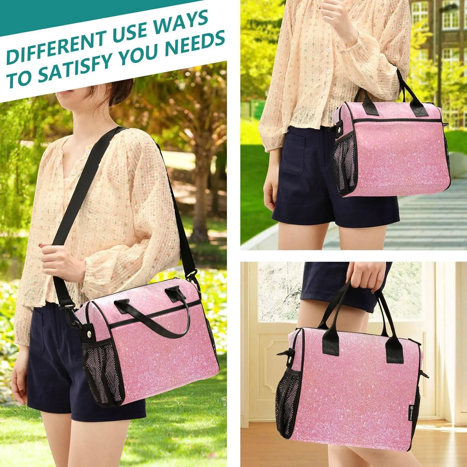 Aslsiy Lunch Bag for Women Sparkly Pink Glitter Texture Insulated Lunch Box Kids Tote Bag for Girls Boys M