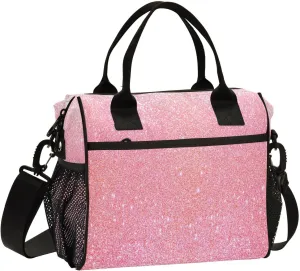 Aslsiy Lunch Bag for Women Sparkly Pink Glitter Texture Insulated Lunch Box Kids Tote Bag for Girls Boys M