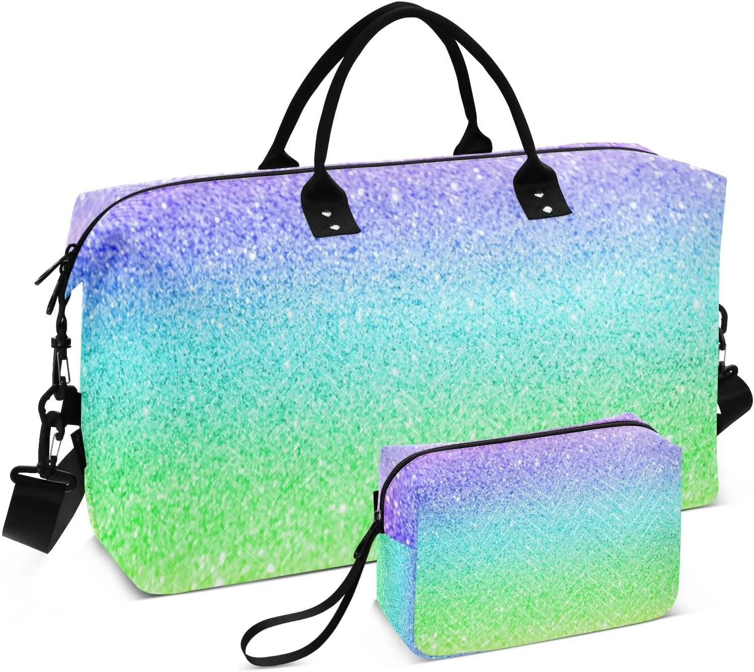 Aslsiy Travel Duffel Bags for Women Shiny Rainbow Glitter Texture Weekender Bags Sparkly Sports Duffel Bags Gym Bag with Toiletry Bag Carry on Overnight Bag