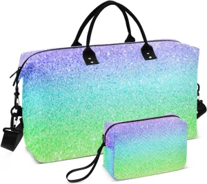 Aslsiy Travel Duffel Bags for Women Shiny Rainbow Glitter Texture Weekender Bags Sparkly Sports Duffel Bags Gym Bag with Toiletry Bag Carry on Overnight Bag