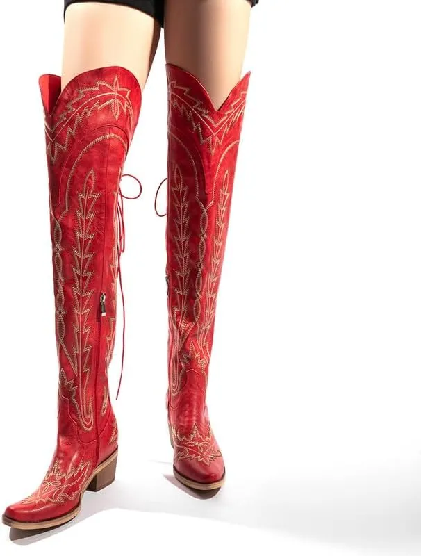 Atuelang Cowboy Boots for Women Thigh High Cowgirl Boots Wide Calf Western Embroidered Over The Knee Boots
