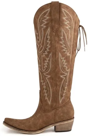 Atuelang Western Cowboy Boots for Women Knee High Wide Calf Lace Up Embroidered Cowgirl Boots