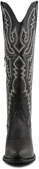 Atuelang Western Cowboy Boots for Women Knee High Wide Calf Lace Up Embroidered Cowgirl Boots