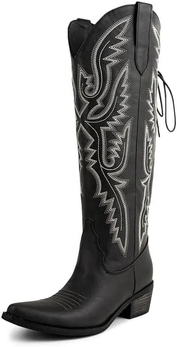 Atuelang Western Cowboy Boots for Women Knee High Wide Calf Lace Up Embroidered Cowgirl Boots