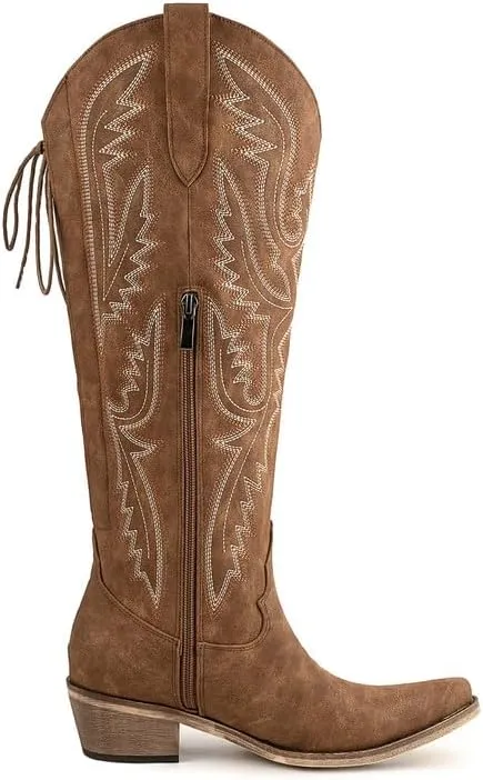 Atuelang Western Cowboy Boots for Women Knee High Wide Calf Lace Up Embroidered Cowgirl Boots
