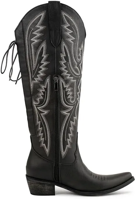 Atuelang Western Cowboy Boots for Women Knee High Wide Calf Lace Up Embroidered Cowgirl Boots