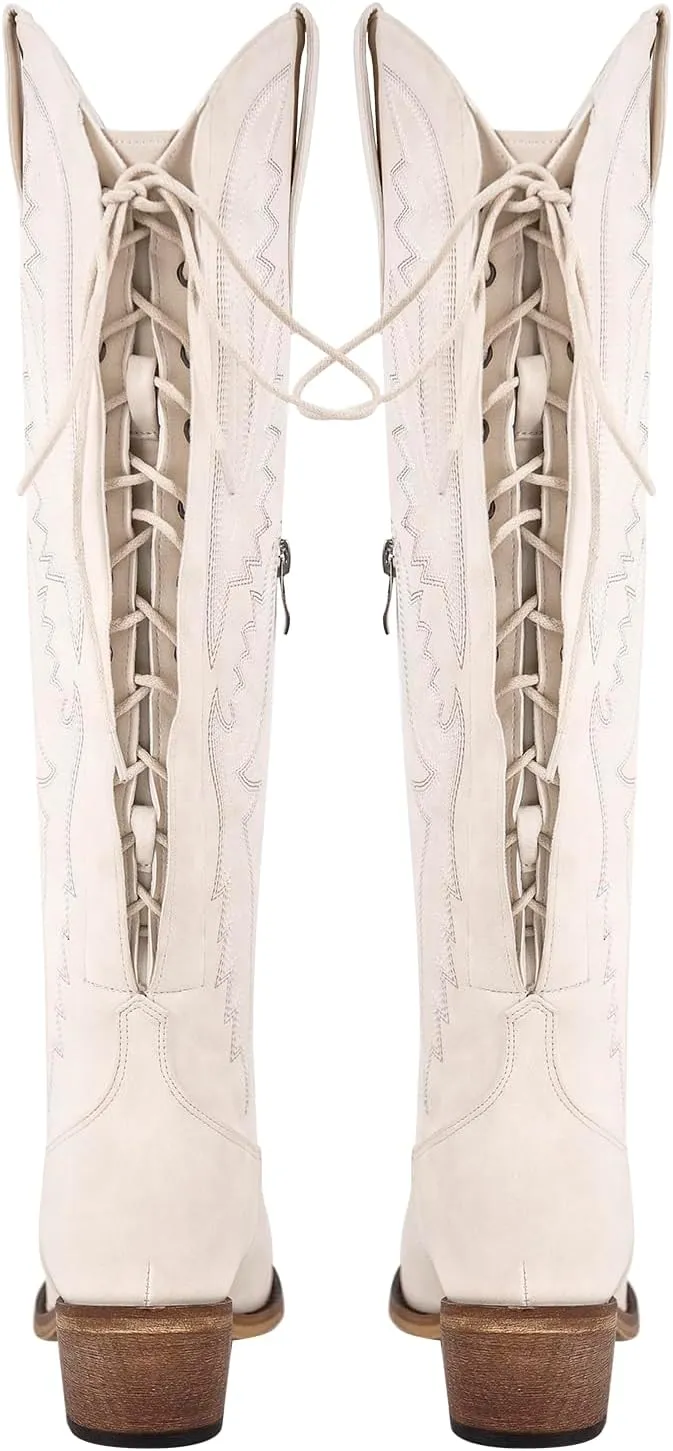 Atuelang Western Cowboy Boots for Women Knee High Wide Calf Lace Up Embroidered Cowgirl Boots