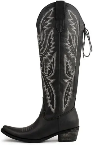 Atuelang Western Cowboy Boots for Women Knee High Wide Calf Lace Up Embroidered Cowgirl Boots