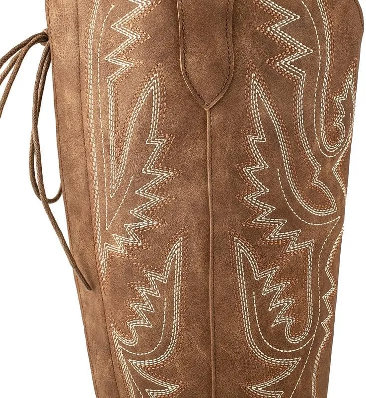 Atuelang Western Cowboy Boots for Women Knee High Wide Calf Lace Up Embroidered Cowgirl Boots