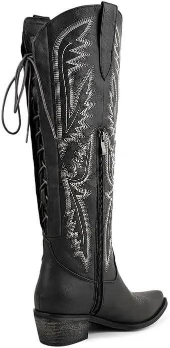 Atuelang Western Cowboy Boots for Women Knee High Wide Calf Lace Up Embroidered Cowgirl Boots