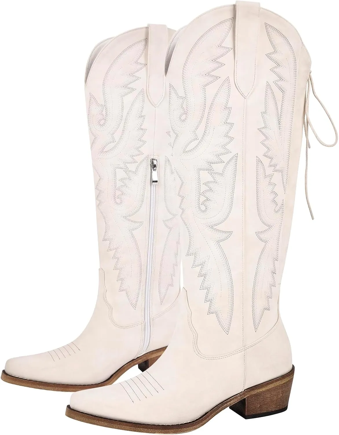 Atuelang Western Cowboy Boots for Women Knee High Wide Calf Lace Up Embroidered Cowgirl Boots