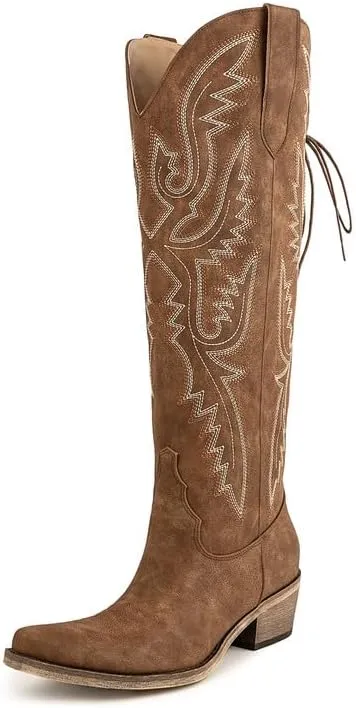 Atuelang Western Cowboy Boots for Women Knee High Wide Calf Lace Up Embroidered Cowgirl Boots