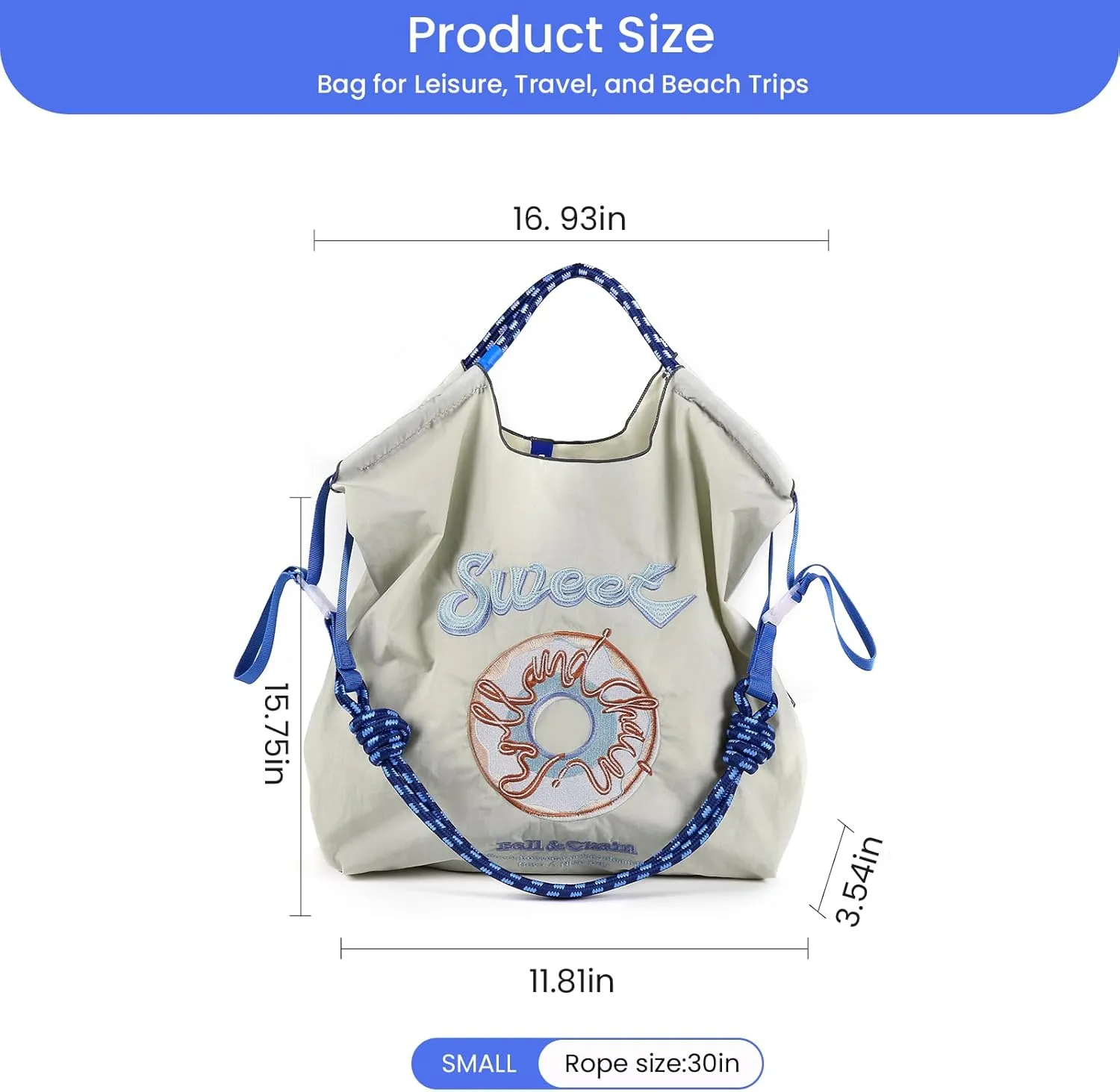Ball&Chain Embroidered Doughnut Pattern Tote Bag，Women's Leisure Shopping Bag, 15x16 inches